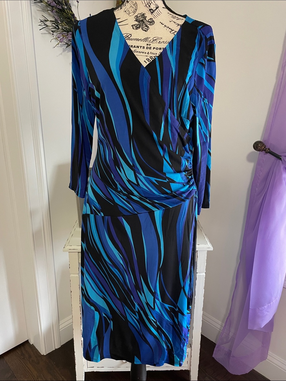 Blue, Turquoise, & Black Wave-Print Women's Dress Size 12